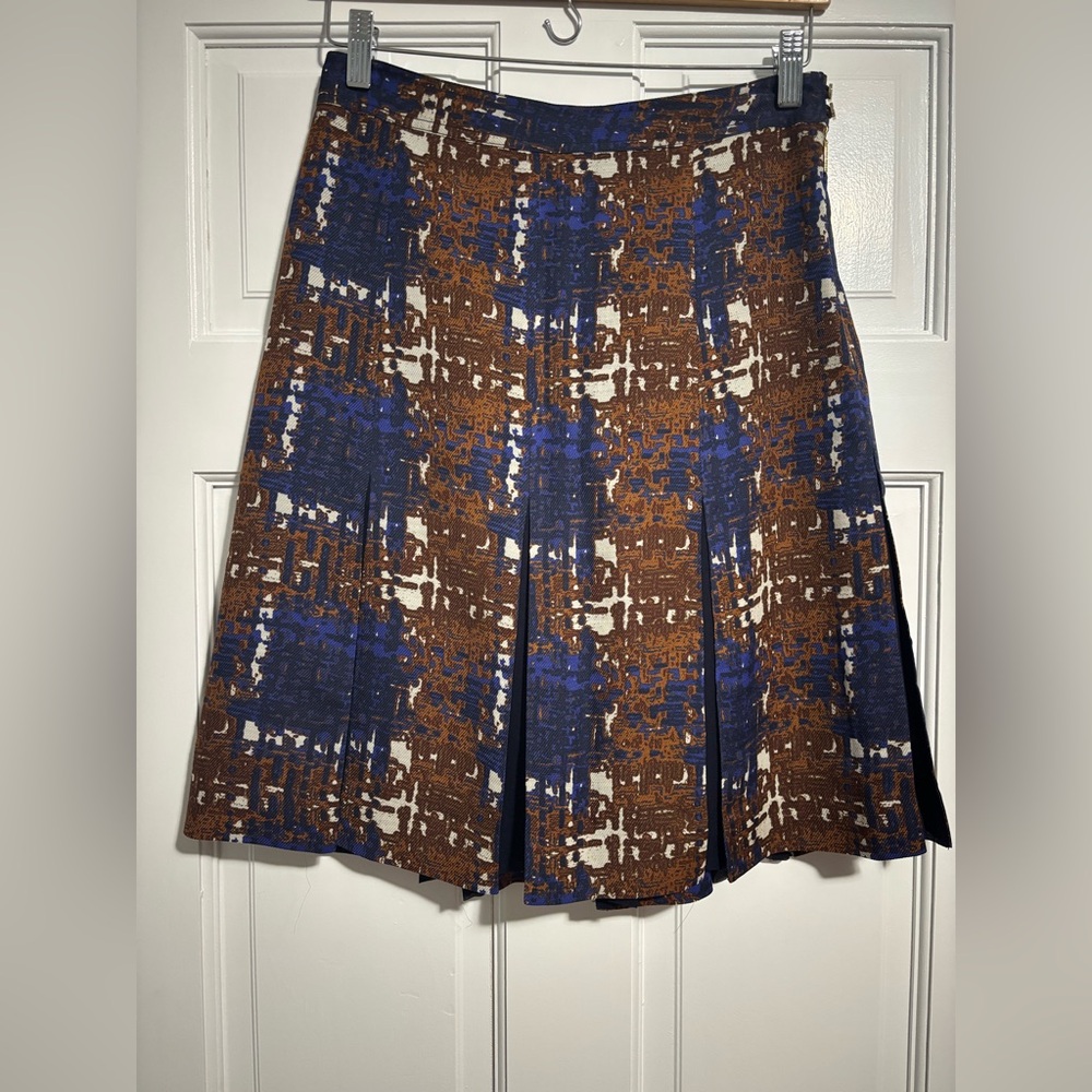 Tory Burch Hull Pleated Blue and Brown A-Line Skirt Size 2